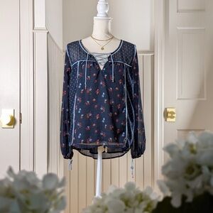 Abercrombie & Fitch Navy Sheer Floral Lace-Up Boho Blouse Size S